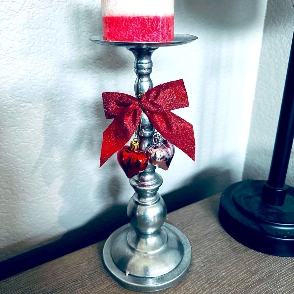 Valentine Hearts Silver Pillar Candle Candlestick Holder